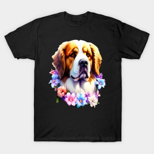 Saint Bernard Dog Surrounded by Beautiful Spring Flowers T-Shirt